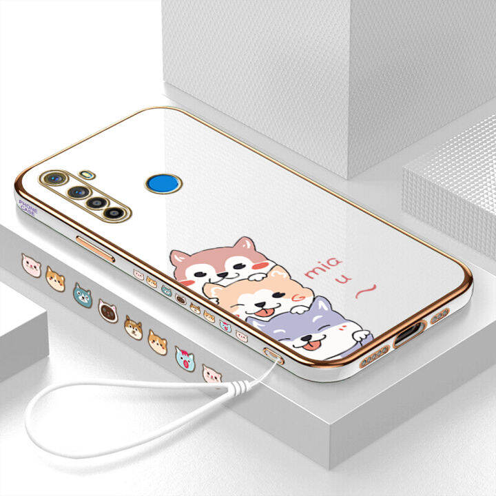 คลังสินค้าพร้อม-เคสเคสมือถือสำหรับ-realme-5-realme-5i-realme-6i-พร้อมฟรีสายคล้อง-การ์ตูนสุนัขชุบขอบสี่เหลี่ยมฝาหลังนิ่ม