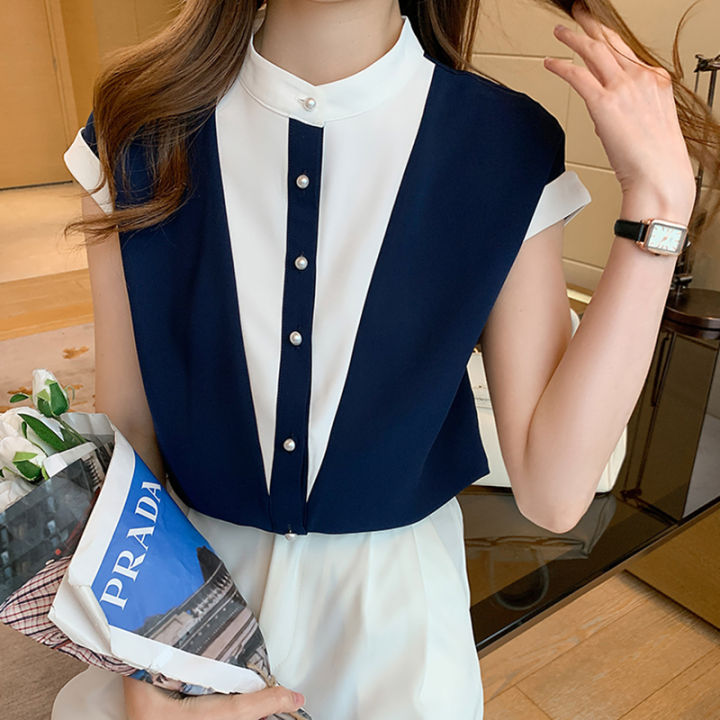 เสื้อทำงานผู้หญิงแขนสั้นเสื้อฤดูร้อนแฟชั่นสไตล์เกาหลีเรียบง่ายผ้าชีฟองธรรมดา