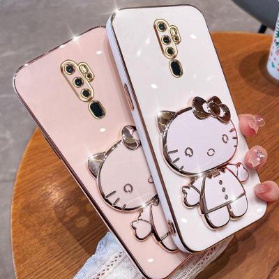 Folding Makeup Mirror Phone Case For OPPO F11 Pro A9 2020 A5 2020 Reno 2F 2Z  Case Fashion Cartoon Cute Cat Multifunctional Bracket Plating TPU Soft Cover Casing