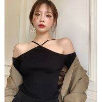 Fashion y halter neck, one-shoulder pit strip knitting slim long-sleeved slimming blouse women