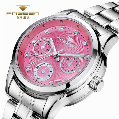 FNGEEN Pink Ladies Watch Skeleton Automatic Mechanica Rhinestone Luxury Women Watches Girl Crystal Reloje Mujer Montre Femme
