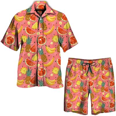 ชุดฮาวายสำหรับผู้ชายชุด2ชิ้น/ชุดเสื้อติดกระดุมขาสั้นมีปกภาพผลไม้สีสันสดใสชุดใส่เที่ยวชายหาดแบบลำลองสำหรับผู้ชายฤดูร้อนใหม่