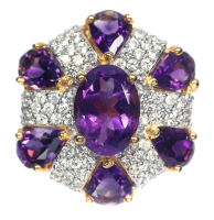 แหวนพลอยแท้ อเมทิสต์ (Amethyst) 10 x 14 mm. ล้อม เพทาย เงินแท้ 925 ชุบทอง 18k ไซร์แหวน 8