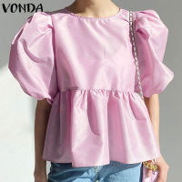 (จัดส่งฟรี)Fancystyle VONDA ผู้หญิงหลวมนัวเนียรอบคอประกบเสื้อของแข็งจีบพัฟแขนสั้นเสื้อลำลอง