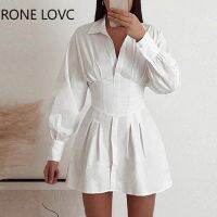 Women Elegant Solid Turn Dowm Collar Long Lantern Sleeves A-line Mini White Dresses