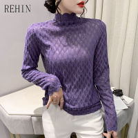 REHIN ผู้หญิงคอสูงลูกไม้แขนยาวเสื้อยืด Feather Down Pullover Slim Fit ตาข่ายด้านในซับเสื้อ