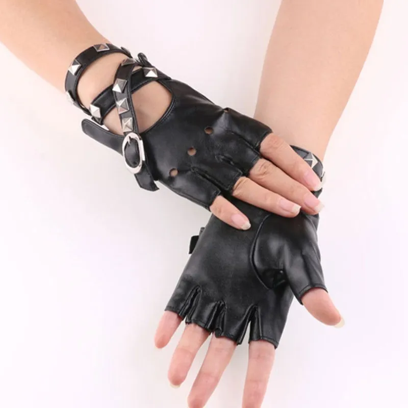 1 Pair Half Finger Pu Leather Gloves Rock Punk Style Rivet