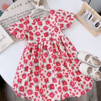 Korean Childrens Wear 2023 Summer New Girls Fashion Flower Print Dress Girls  Bubble Sleeve Princess Dress Holiday Dresses  by Hs2023