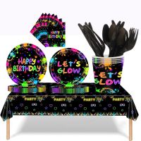 Neon Party Plates Glow Birthday Supplies Disposable Paper Plates Dessert Napkins Glow in the Dark Graffiti Tableware For Serves
