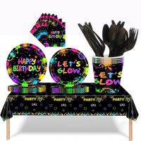 【JIU YU】●✸  Placas Descartáveis De Festa De Neon Placas De Papel Guardanapos De Sobremesa Brilham No Escuro Louça De Graffiti Para Servir Suprimentos De Aniversário