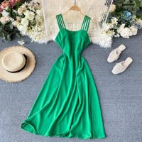 ZZOOI FTLZZ Vintage Bohemian Dress Women Summer Elegant Spaghetti Strap Button Long Party Dress Sleeveless Beach Dresses