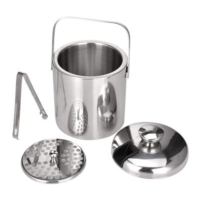 Stainless Steel Ice Square Container Double Walled 1.3L Ice Bucket Container with Tongs Lid