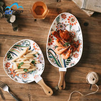 Nordic Ceramic Dinner Plates Dish Steak Salad Tray With Wooden Handle Christmas Steak Plates Home Decor Oval Dishes Tableware