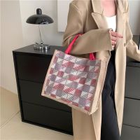 Large-Capacity Shopping Bag Female Trendy Korean Version ins College Students Class Shoulder Strap Versatile Color-Matching Checked Tote 【AUG】