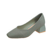 Aphixta Knitting Stretch High Heels For Women 5CM Square Solid Color Shoe Spring Autumn Office Heels Rubber Outsole Shallow Pump