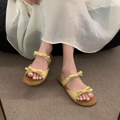 Fairy Style Sandals with Skirt Bow Flat Wanwan Shoes 2023 Summer New Open Toe Refined Slippers Womens Shoes