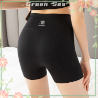 กางเกงขาสั้นโยคะลำลองกีฬาชุดแนบเนื้อเอวสูงยืดสีทึบทะเลสีเขียวสำหรับผู้หญิง