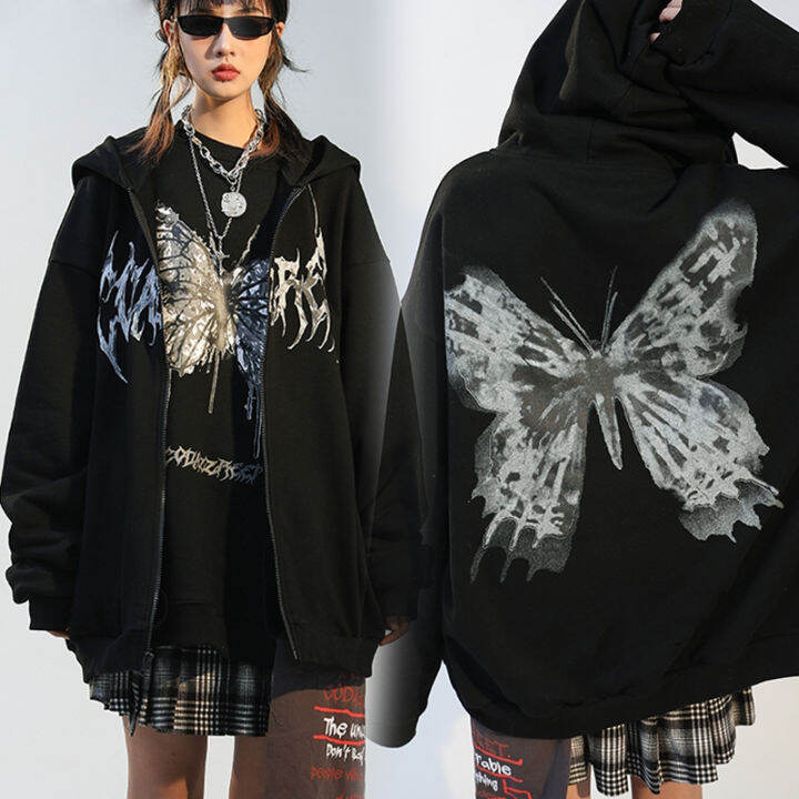 Women Hip Pop Streetwear Hoodies Jacket Butterfly Print Goth Coat ...