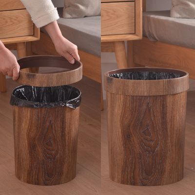 Small Wood Color Trash Can Wastebasket Rustic Round Garbage Container Bin