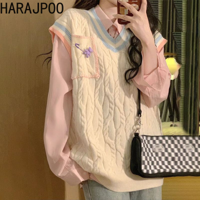 Harajpoo หวานสองชิ้น2023ฤดูใบไม้ร่วงผู้หญิงเกาหลีขี้เกียจสไตล์คมชัด Layup เสื้อกั๊กถักเสื้อกันหนาวนักเรียนสไตล์สีชมพูเสื้อชุด...