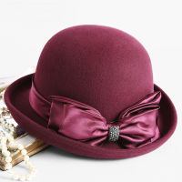 Beckyruiwu Mother Gift Lady Banquet Formal Felt Big Bowknot Fedora Hats Women Winter 100 Australia Wool Hat