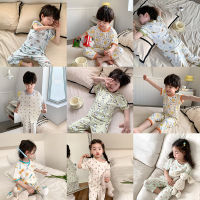 Childrens lightweight pajamas boys and girls 2023 Summer sunken stripe cotton cute loungewear baby clothes in air-conditioned room suit fashion