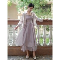 Spot parcel post New Chinese Style National Style Improved Hanfu Womens Spring and Summer R Fairy Spaghetti-Strap Long Dress Han Elements Cardigan Two-Piece Set Daily