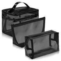3 Pcs Black Storage Mesh Big Zipper Make Up Toiletry Wash Bags Women Travel Mesh Cosmetic Bag Transparent Makeup Bag