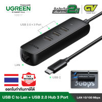 UGREEN รุ่น 10917 ตัวเพิ่มช่องสัญญาณ USB C to LAN 10/100 Mbps + USB 2.0 Hub เพิ่ม 3 ช่อง สำหรับ คอมพิวเตอร์ PC โน๊ตบุ๊ค Notebook MacBook, iMac, Surface