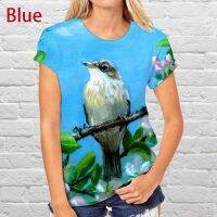 2023 newWomens Fashion 3D Painting Graffiti Peach Blossom Theme Small Bird Print T-Shirt Crew Neck Short Sleeve