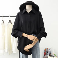 Ladies Tops White Button Up Shirt Long Sleeve Top Polo-Neck Black Shirt Solid SpringAutumn Mid-length Clothes Baggy Woman Shirt