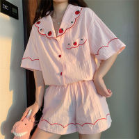 Qweek Womens Pajamas Summer Night Home Suit Sleepwear Cotton Strawberry Embroidery Pijamas Homepwear Pyjamas Kawaii Pj Sets