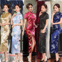 แขนสั้นดอกพลัมยาว Qipao ผ้าจีนแบบดั้งเดิม Cheongsam ชุดสำหรับสตรี