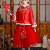 Winter Red Chinese Style Embroidery Flower Girls Dresses Lovely Kids Dresses Cheongsam Baby Clothes Traditional New Year Dress