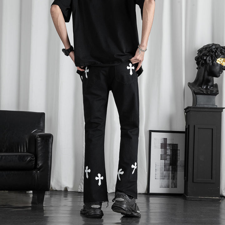 asrv-กางเกงยีนส์ผู้ชายขอบดิบกางเกงบานสานสีดำและสีขาวข้ามยุโรปและอเมริกาสไตล์ไฮสตรีท