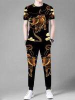 【Hot Sale】 2023 summer new trendy mens short-sleeved trousers two-piece set printing cow dragon and tiger T-shirt thin section