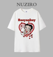 NUZIRO เสื้อยืดแขนสั้นสำหรับผู้หญิงทรงหลวมพิมพ์ลายคู่ผ้าฝ้ายเกาหลี