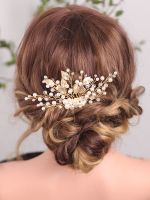 Gold Leaf Hair Comb Shiny Crystal Pearl Headdress Classic Banquet Hair Pins Beautiful Bride Wedding Accessories