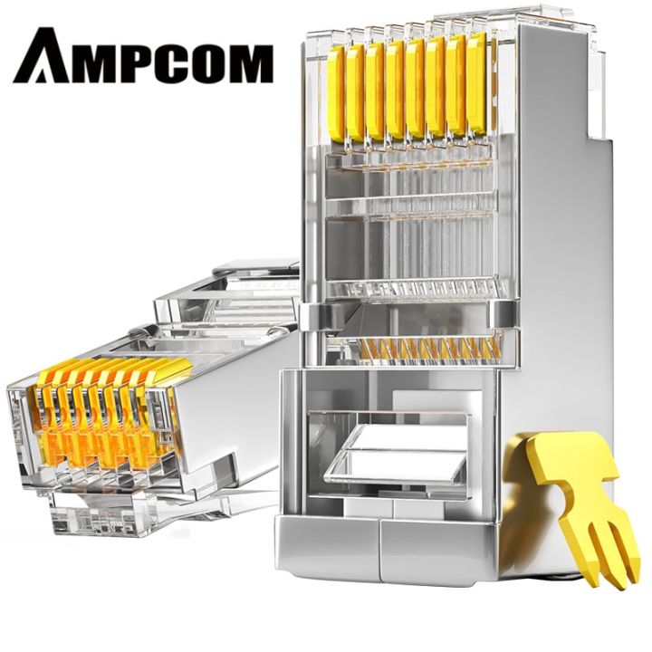 ampcom-cat6ป้องกัน-rj45ปลั๊กแบบโมดูลาร์-connector-50-ชุบทอง8p8c-rj45ตัวเชื่อมต่อลอนปลายสายเคเบิลอีเทอร์เน็ต24-28awg