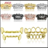 ANQII ปากด้านบนด้านล่าง ฟันฮิปฮอป grillz โลหะสำหรับตกแต่ง ที่จัดฟันชุบ ปาร์ตี้คอสเพลย์ หมวกครอบฟัน ชายหญิง