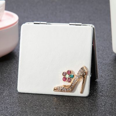 Mini Pocket Beauty makeup mirror 2-face PU Leather Portable Magnifying Folding compact mirror crystal shoes Party Favors gifts Mirrors