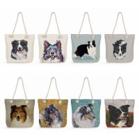 【CW】 Fashion Shoulder Handbags Reusable Shopping Side Watercolor Collie Dog Print Tote Large Capacity