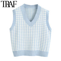 TRAF Women Fashion Houndstooth Loose Knitted Vest Sweater V Neck Sleeveless Side Vents Female Waistcoat Chic Tops