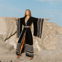 ➦ DN0855 O Versize บิกินี่ขึ้นปกพิมพ์กิโมโน Maxi D Ress Boho ชายหาดคาร์ดิแกนด้านหน้าเปิด Tunics Kaftan B Eachwear