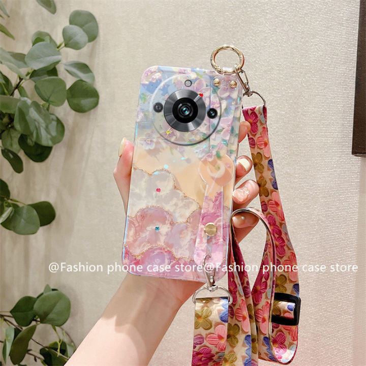 ปลอกอ่อน-realme11-pro-phone-case-เคส-realme-11-pro-plus-5g-เคสโทรศัพท์ภาพดอกไม้พิมพ์ลายน้ำมัน-rhinestone-บลูเรย์วินเทจพร้อมสายคล้องข้อมือ2023