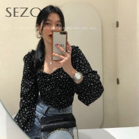 SEZO ใหม่หวานสไตล์เกาหลี Polka-Dot สแควร์คอแขนยาวเสื้อแฟชั่น Slim เสื้อสตรีชีฟอง