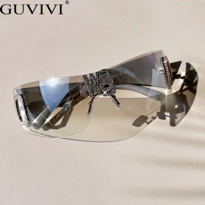 Luxury Punk One Piece Rimless Sunglasses Brand Designer Diamond Sun Glasses y2k Silver Men Fashion Shades Eyewear UV400 Shades Cycling Sunglasses