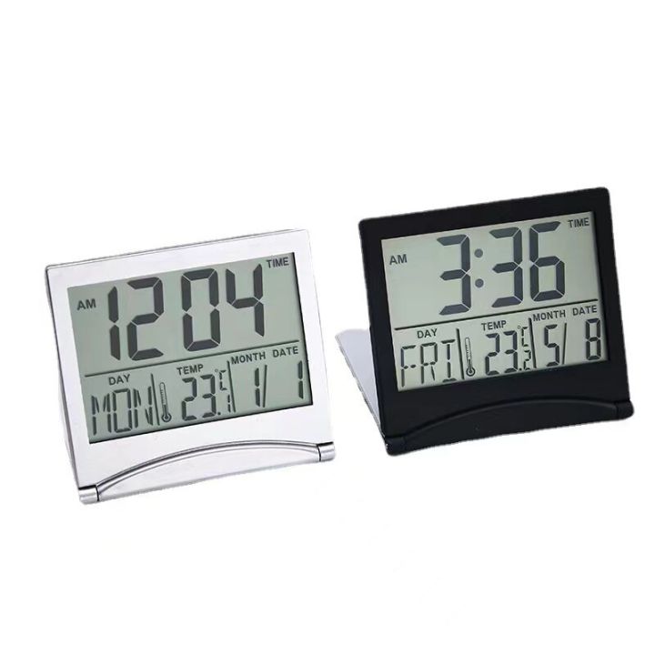 นาฬิกาตั้งโต๊ะนาฬิกาปลุกดิจิตอล-lcd-แบบพับได้นาฬิกาขนาดเล็กอุณหภูมิตั้งโต๊ะสถานีสภาพอากาศเดินทาง-ectronic