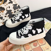 Women Canvas Shoes Cute Stylish Girls High-top Sneakers Fashion Outdoor Causal Cow Black Chunky Sneakers Woman Vulcanize Shoes