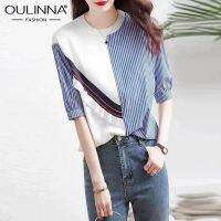 OULINNA เสื้อ2023สองชิ้นปลอมลายทางสีน้ำเงินสำหรับผู้หญิง,เสื้อสเวตเตอร์บางฤดูร้อน